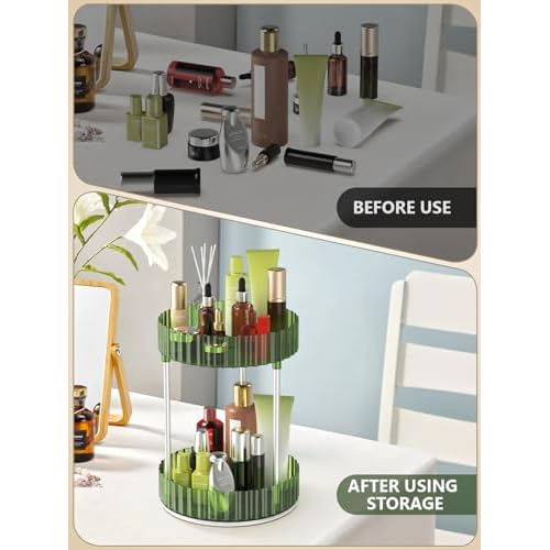 Makeup Organizer,360¡Æ Rotating Makeup Organizer,2-Tier Round Rotating Skincare Organizer Countertop,Fits Bedroom, Bathroom, Vanity Shelf Countertop(Green)