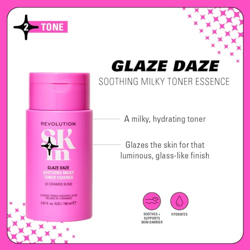 Revolution Skin, Glaze Daze Ceramide Soothing Milky Toner Essence, Facial Toner with Ceremides, Soothes & Calms Skin, Vegan & Cruelty-Free, 11.69 fl oz