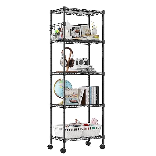 5-Tier Wire Shelving Unit on Wheels - Adjustable Metal Storage Rack, Black, 23.23 x 13.78 x 72.05 inches