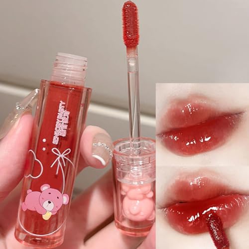 3 Colors Bear Lip Gloss,Jelly Lip Glaze,Cute Liquid Lipstick Bear Lip Stain Watery Lipgloss Plumping Lip Tint Moisturizing Waterproof Long Lasting for Lip and Cheek