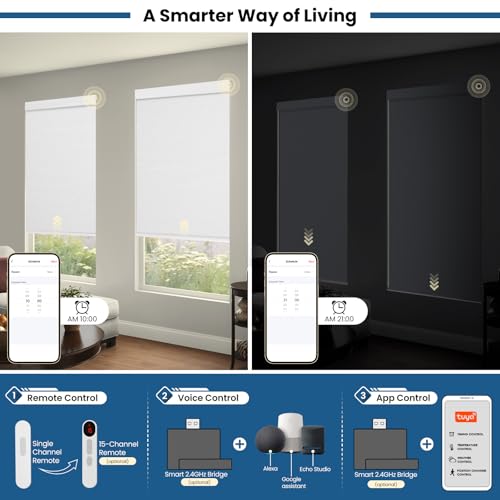 White Motorized Blinds with Remote Control - No Drill, Smart Roller Shades 34.5"W x 72"H