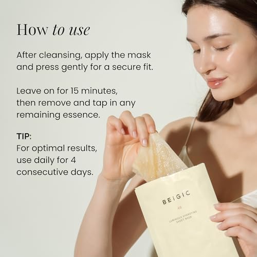 BEIGIC Luminous Hydrating Sheet Mask - Vegan Moisturizing Firming Face Mask Pack with Peptides, Vitamin C & Niacinamide for Dewy Glass Skin (4ea, 0.84 fl oz)
