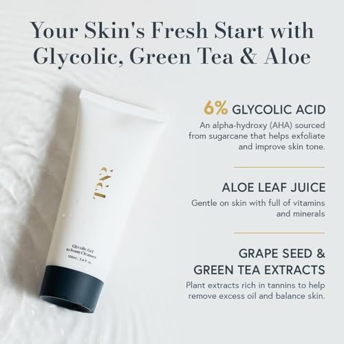 Glycolic Acid Gel-to-Foam Face Cleanser - 100ml Natural Exfoliating Wash with Green Tea & Aloe - For Men & Women - Foam Cleanser