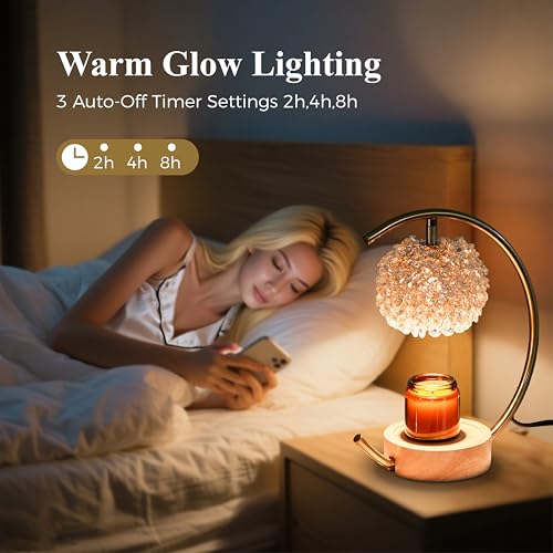 Gold Candle Warmer Lamp with Crystal Handcrafted Shade & Wooden Base - Adjustable Brightness & Timer, for Jar Candles, Home Decor