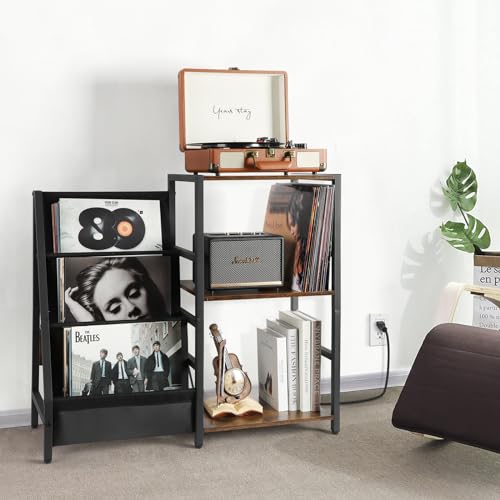Bikoney Record Player Stand with Power Outlet & 3-Tier Vinyl Storage, Brown & Black, Fits Up to 200 Albums