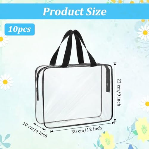 10 Pack Large Clear Makeup Bags with Zipper Handle, 12x9x4 Inch PVC Toiletry Travel Bag Waterproof Cosmetic Tote Pouch Transparent Storage Organizer for Women Men
