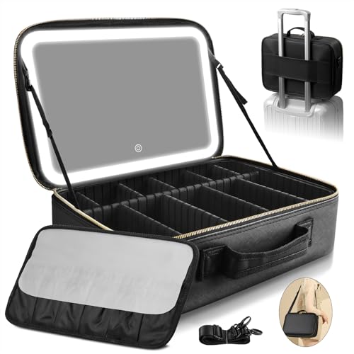 Large Travel Makeup Bag with LED Mirror - Black, 15 Inch