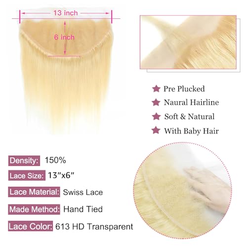 613 Blonde HD Lace Frontal Closure 13x6 14 Inch Brazilian Virgin Remy Human Hair - Free Part, Pre Plucked, Baby Hair
