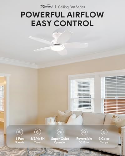 VONLUCE 36 Inch Ceiling Fan with Lights, White - Remote Control & Reversible Motor
