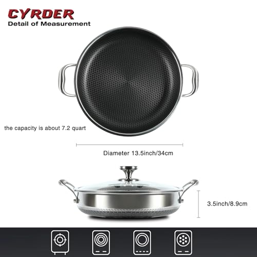 Large 13-Inch Stainless Steel Hybrid Nonstick Deep Frying Pan 7.2QT - Hexagonal Design