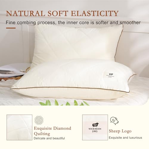 Natural Wool Pillow Set of 2 - Off White, Standard Size, Support Gusseted Bed Pillows for Side Sleepers