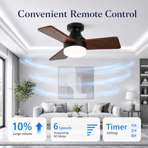 30 in Walnut Wood Ceiling Fan with Light & Remote, 3-Blade Flush Mount