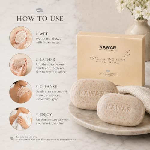 KAWAR Dead Sea Exfoliating Soap Bar 2-Pack with Salicylic Acid, Natural Oils