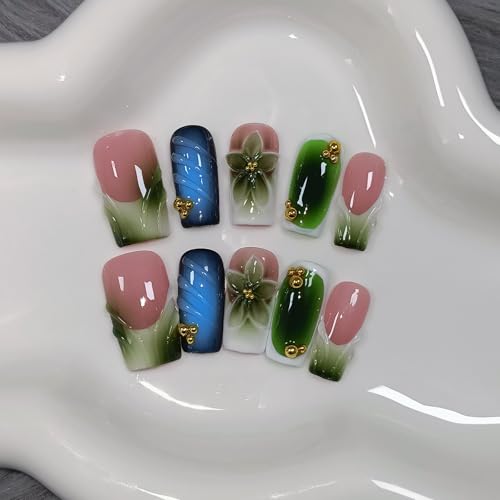 Glossy Handmade Press on Nails Medium Long Square - Icy French Green Blush 3D Floral Embossed Glossy False Nails for Women-Y2K Gradient Green Fake Nails for Winter Fall(L)