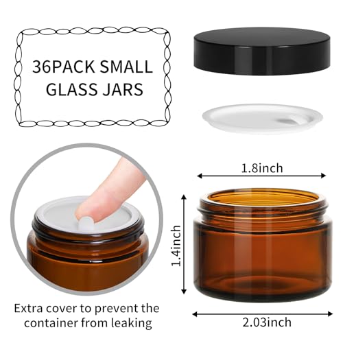 1oz Amber Glass Cosmetic Jars with Black Lids - Set of 36, UV-Protection, Reusable