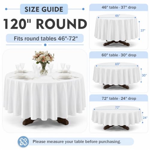 White Round Tablecloth 120 Inch Pack of 10 Washable Stain-Resistant Elegant Fabric