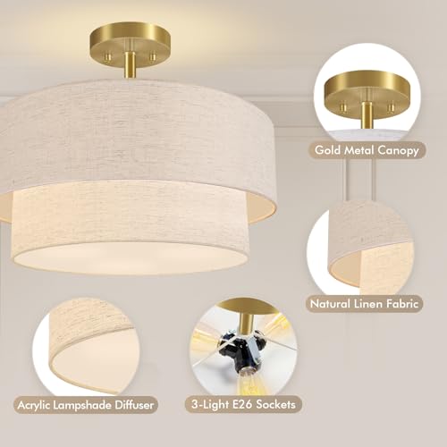 Semi Flush Ceiling Light 16.5'' with Linen Shade - Gold & Beige Variation