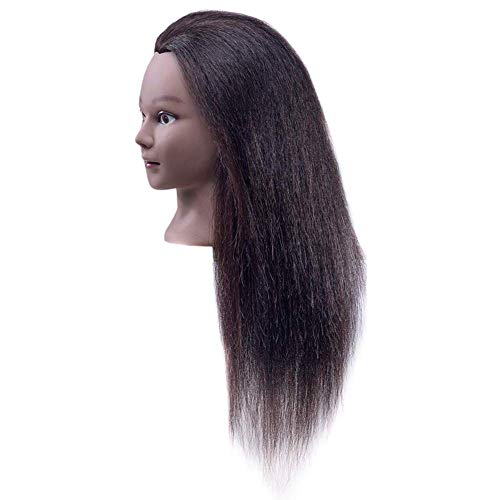 22-24 Inch Black 100% Real Hair Mannequin Head for Cosmetology Practice - Light Yaki & Kinky Straight, Includes Head & C-Clamp