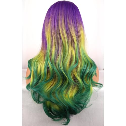 BERON Ombre Purple Yellow Green Long Wavy Heat-Resistant Synthetic Wig for Cosplay & Parties