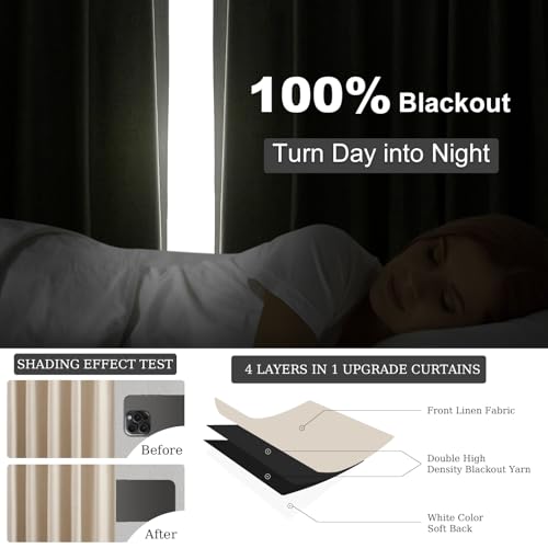 Beige Blackout Curtain Set 52W x 96L - Pack of 2, Floor to Ceiling, Insulated Boho Linen Look