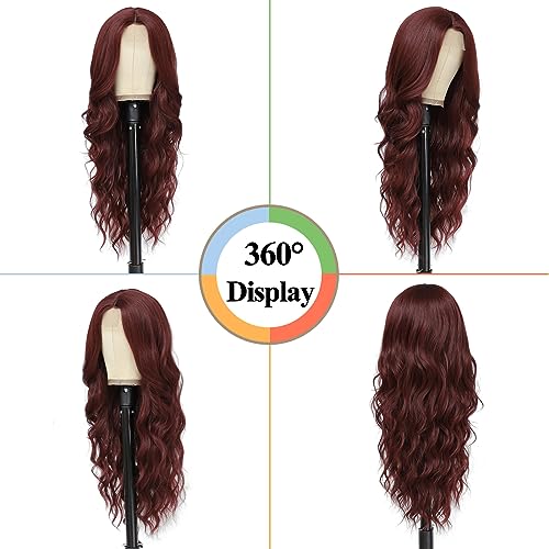 Wine Red Wavy Cosplay Wigs for Women 26 Inch Middle Part Synthetic Hair - NAYOO