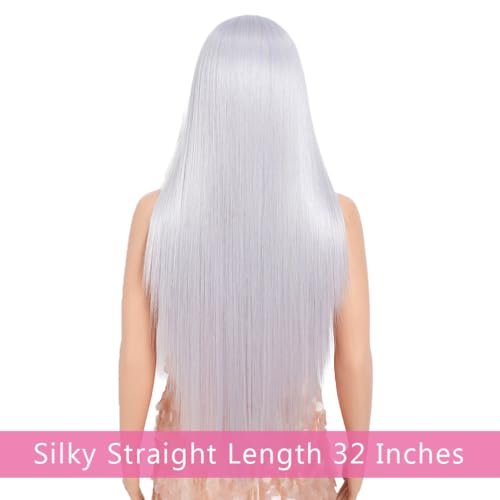 Mid-Part Silver White Purple Long Straight Synthetic Wig - Thistle Variation