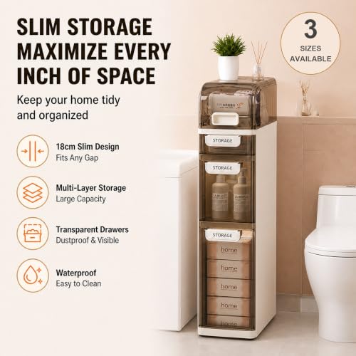5-Tier Slim Bathroom Storage Cabinet with Drawers - Narrow Waterproof Rolling Organizer, No Assembly, 38.2"H