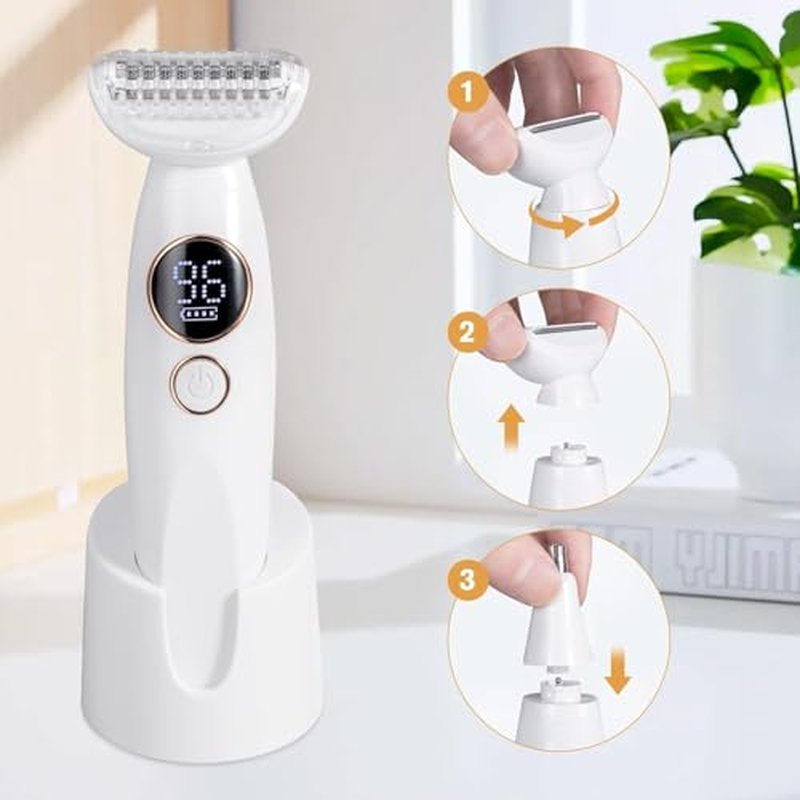 Bikini Trimmer for Women, Electric Razors for Silk Skin 5-in-1, IPX7 Waterproof, USB Rechargeable, Electric Razors for Women for Face, Eyebrows, Body, Bikini Zone with Charging Station