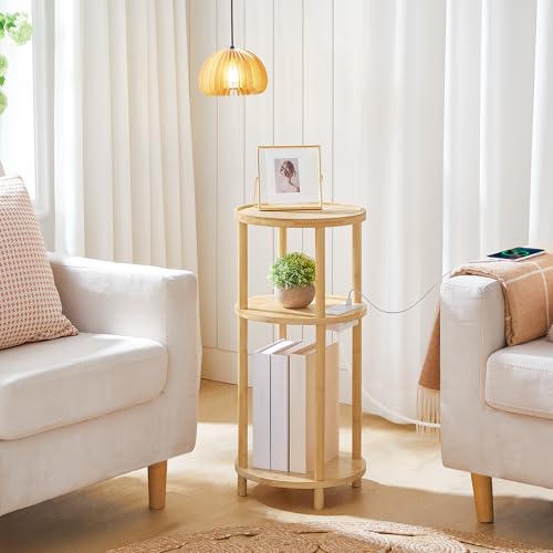 Natural Bamboo Side Tables Set of 2 with Charging Station - Compact End Tables for Living Room & Bedroom, Easy Assembly