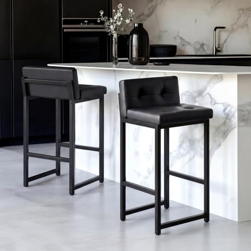 Black Counter Height Bar Stools Set of 2 with Back & Metal Legs - Faux Leather