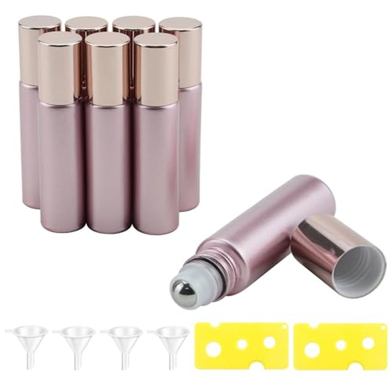 8PCS 10ml Rose Gold Frosted Glass Essential Oil Roller Bottles Leak Proof Glass Bottle with Stainless Steel Balls and Anodized Aluminum Screw Cap for Perfume & Aromatherapy Oils