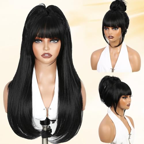 WIGNEE Natural Black Long Straight Layered Wig with Bangs for Women