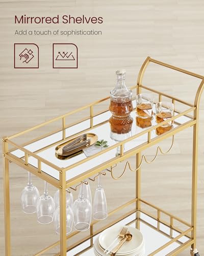 VASAGLE Gold Bar Cart with Mirrored Shelves, Wine & Glass Holders, 33.9"W