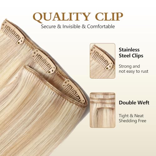 Clip in Human Hair Extensions 18 Inch 120g - Highlight Golden Brown & Bleach Blonde, 7Pcs - Virgin Remy Hair