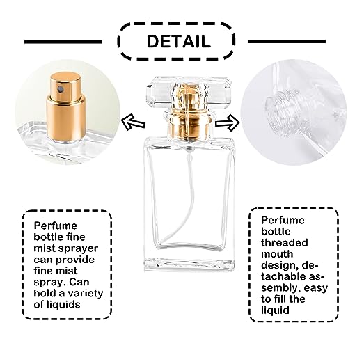 Glass Perfume Bottle Empty Refillable 12Pack Clear Travel Perfume Spray Atomizer Bottle 30ml Perfume Fine Mist Spray Perfume Bottle Atomizer Container with Sprayer Applicator (Clear Square 30ml 12PCS)