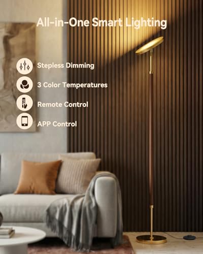 JOOFO Walnut Wood & Brushed Brass LED Torchiere Floor Lamp with Remote, Dimmable 3000LM