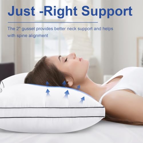 Queen Size Set of 4 Gusseted Fluffy Pillows - Black Edge, Breathable Microfiber