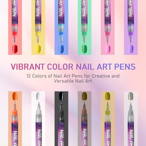 12 Color Nail Art Pen Set with Dotting & Fine Liner Brushes - Vibrant, Long-Lasting