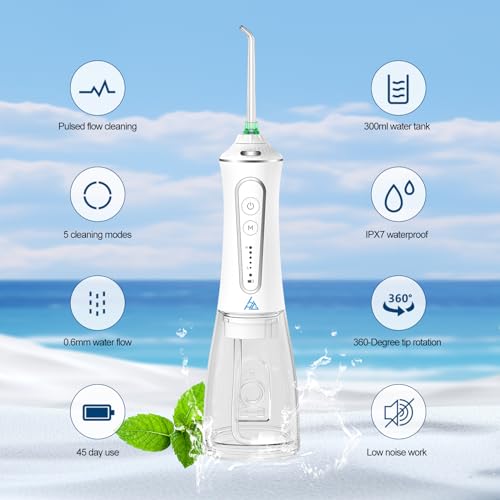 Cordless Travel Water Flosser with 5 Modes, Rechargeable, Waterproof, 300ml Tank
