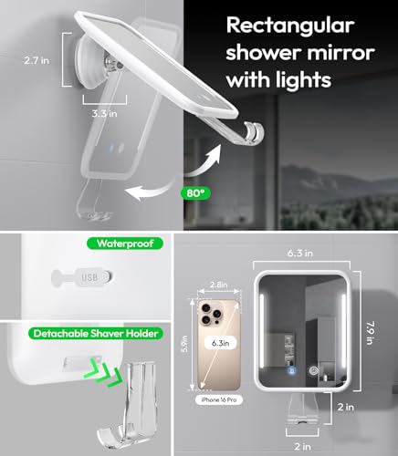 Glowtop White Fogless Shower Mirror with LED Light & Heating for Shaving