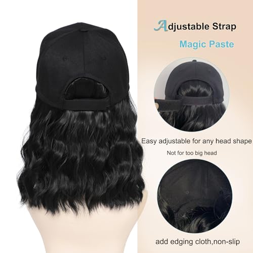 14 Inch Black Synthetic Wavy Wig Hat with Natural Wave Hair Extensions for Women — Adjustable Baseball Cap Style