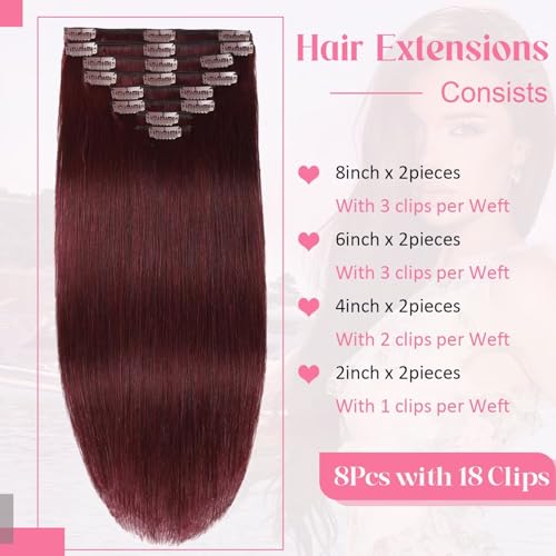 Burgundy Clip-In Hair Extensions 14 Inch 3.2oz Remy Human Hair Set for Women