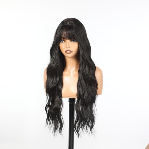 Jet Black Wavy PuffPro Voluminous Wig with Bangs - 28 Inch Long Realistic Scalp for Women