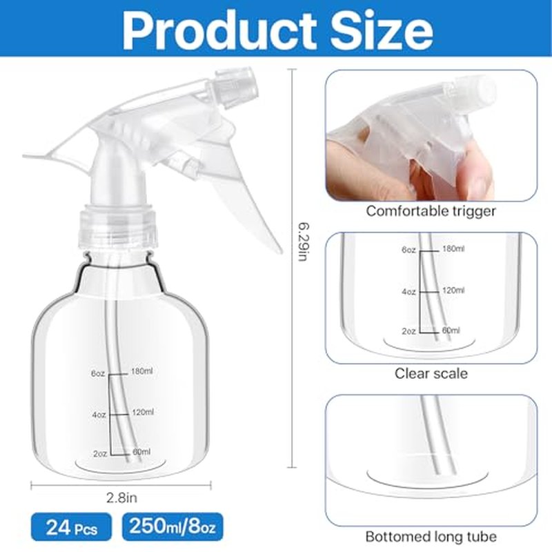 24 Pcs Empty Plastic Spray Bottles 8 oz, Clear Mini Spray Bottles with Measurement Adjustable Nozzle, Refillable Spray Bottle for Hair Plant Kitchen Bath