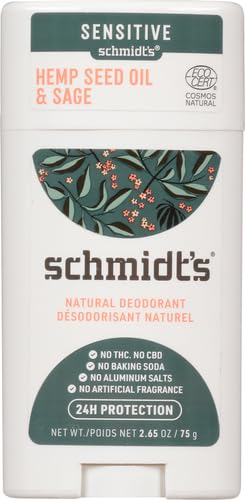 Schmidt's Aluminum Free Natural Deodorant for Women and Men, Hemp Seed Oil and Sage for Sensitive Skin with 24 Hour Odor Protection, Vegan, Cruelty Free, 2.65 oz