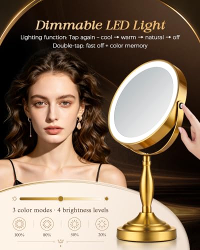 SANFANGIE Brushed Gold 8-Inch Double-Sided Makeup Mirror with Lights, 1X/30X Magnification