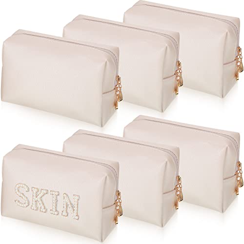 Preppy Patch Makeup Bag Set - Waterproof PU Leather Cosmetic Pouches for Travel, White & Gold