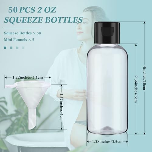 Mifoci 100 Pcs Small Plastic Bottles with Caps 2 oz Clear Empty Squeeze Bottle with Flip Cap Small Refillable Transparent Travel Dispenser Container for Shampoo Lotion Conditioner Liquid Soap