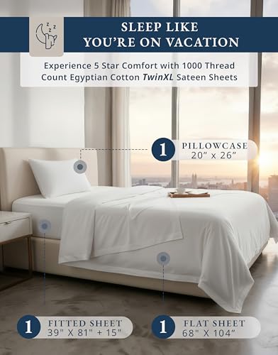 Lane Linen White Twin XL 1000TC Egyptian Cotton Sheets & Pillowcase Set
