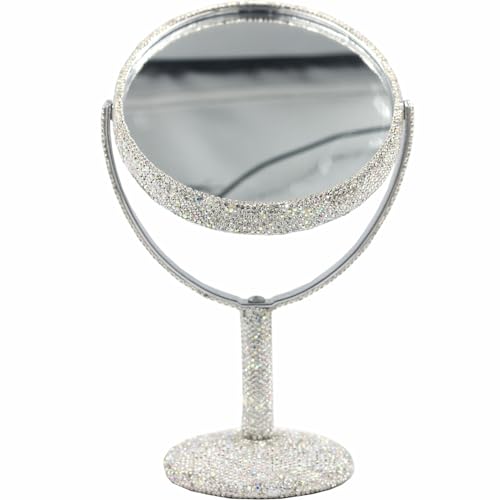 Bling Bling 6-Inch Double-Sided Tabletop Makeup Mirror, Oval Metal Makeup Mirror with 1:2 Magnifying Mirror, Rotating Mirror for Vanity (Silver)